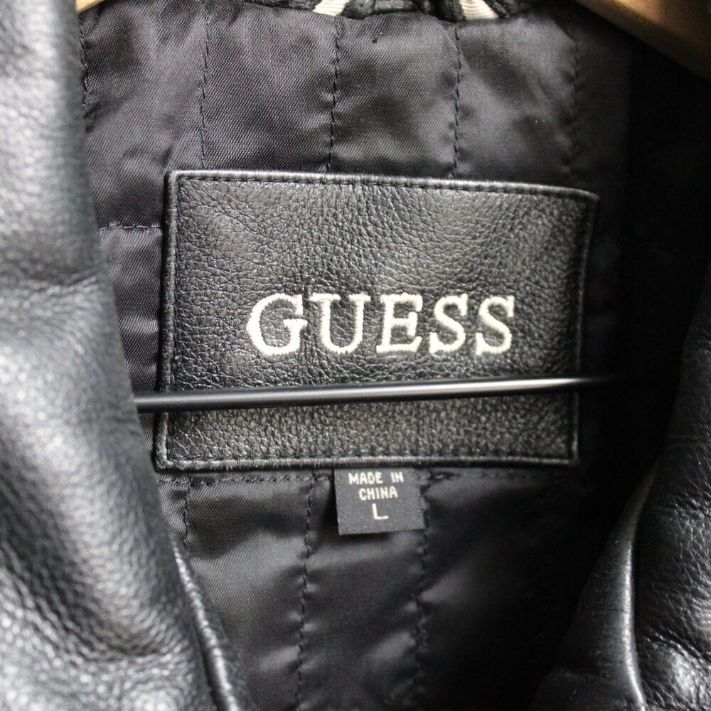 Guess Men's VTG 90s/00's Black Zip-Up Pointed Collar Leather Jacket Size Large - Picture 4 of 8